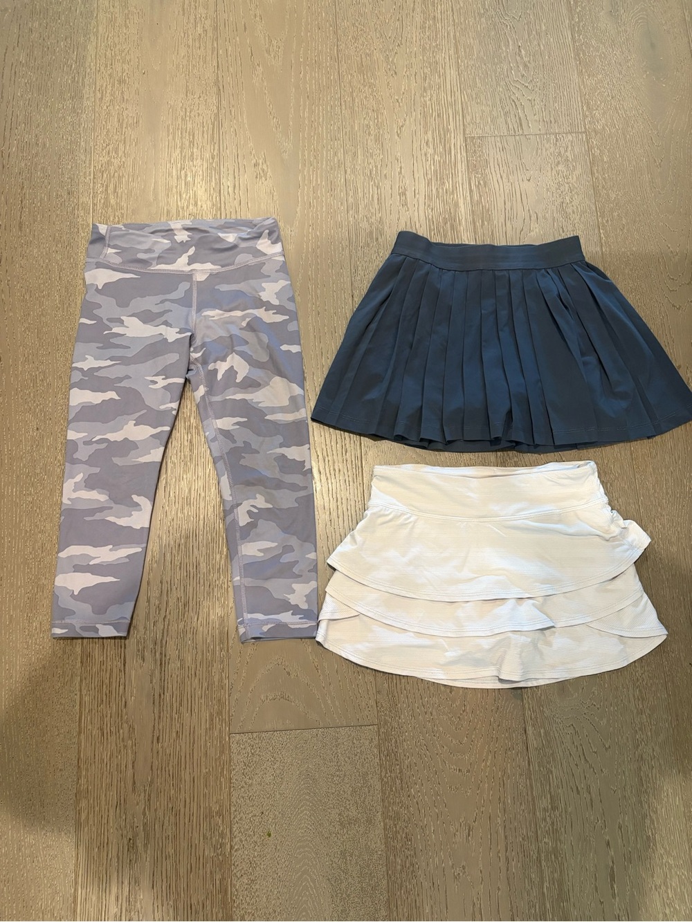 Athleta Girls Bundle Grey Skort, White Ruffle Skort & Light Gray Camo Leggings